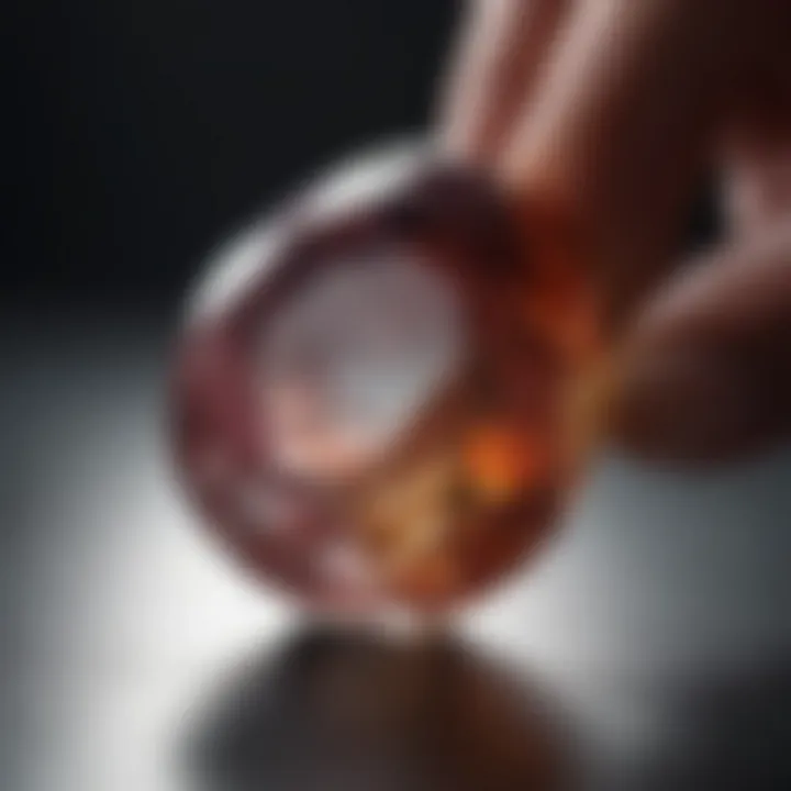 A close-up view of a gemstone being examined under natural light, revealing its intricate details.