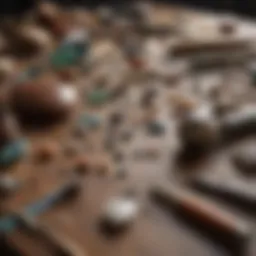 An assortment of lapidary tools spread across a table