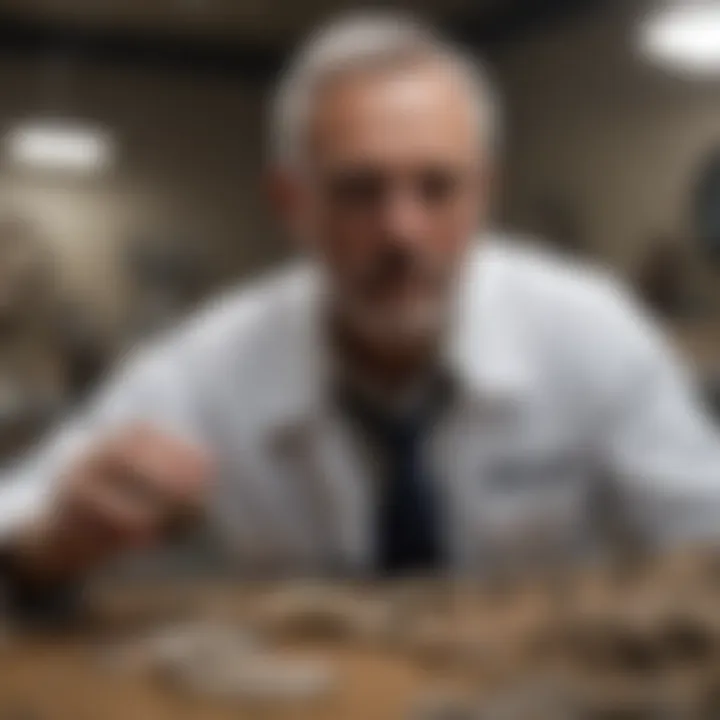 Paleontologist examining a fossil specimen in a lab