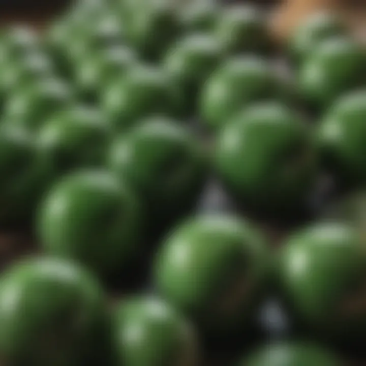 Close-up view of polished gaspeite beads showcasing their vibrant green color