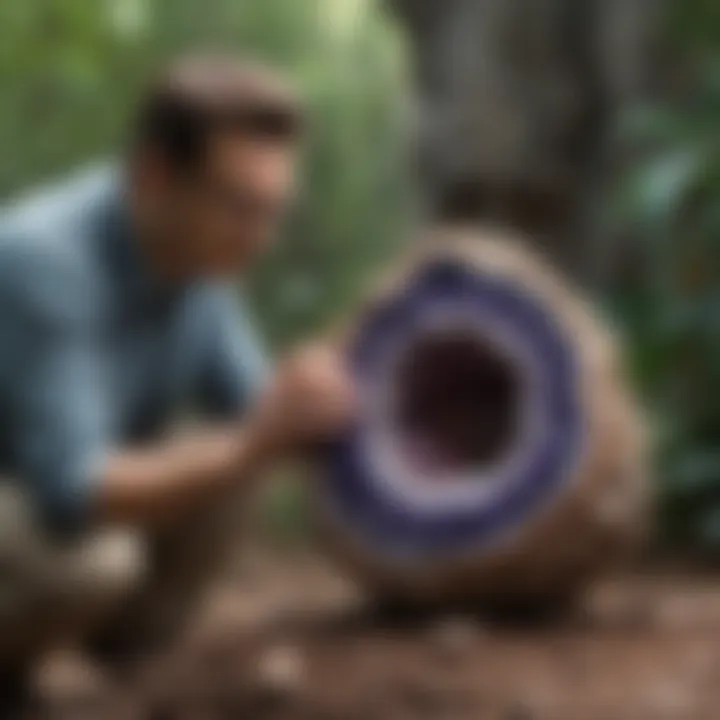 Geologists examining a large geode rock in its natural habitat