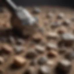 Close-up view of a rock hammer with various geological samples