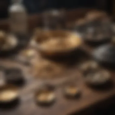 A diverse collection of gold panning tools displayed on a table