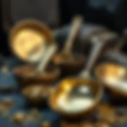 A collection of traditional gold mining pans from various cultures