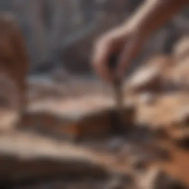 Geologist examining rock layers with a hammer