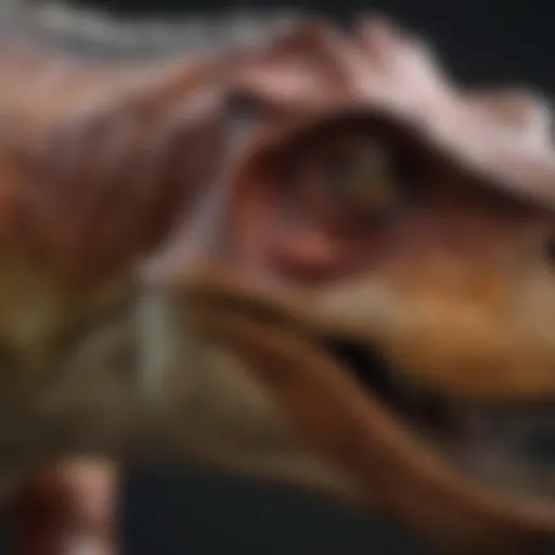 A detailed close-up of a high-quality Tyrannosaurus Rex figure showcasing intricate textures and colors.