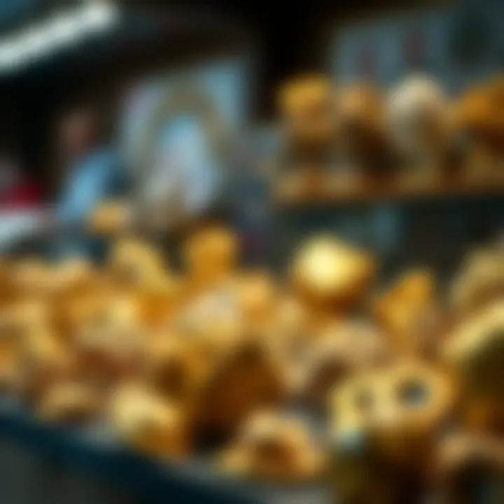 A diverse collection of gold ore samples displayed for potential buyers