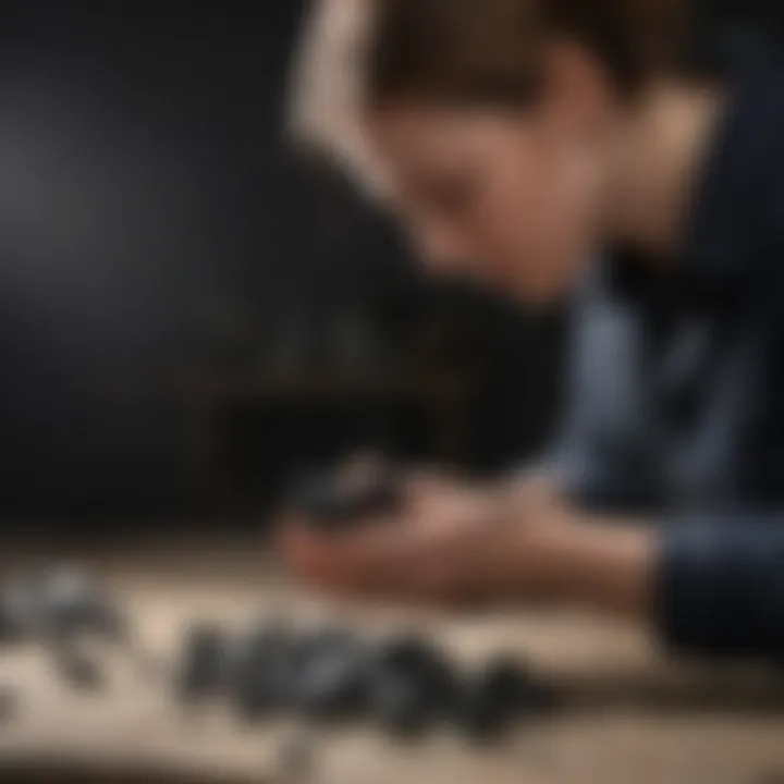 An expert examining a black tumbled stone under natural light for identification