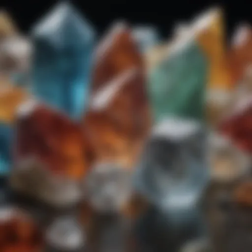 Close-up view of various crystals showcasing their unique shapes and colors.