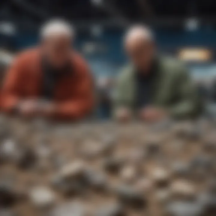 A group of collectors examining and discussing rare minerals at a trade show.