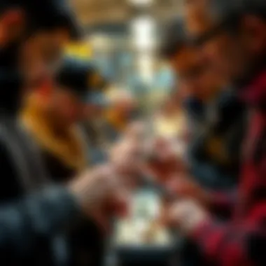 A group of collectors engaging with their phones while examining jewelry through a magnifier app