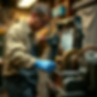 Technician performing maintenance on a lapidary wheel machine
