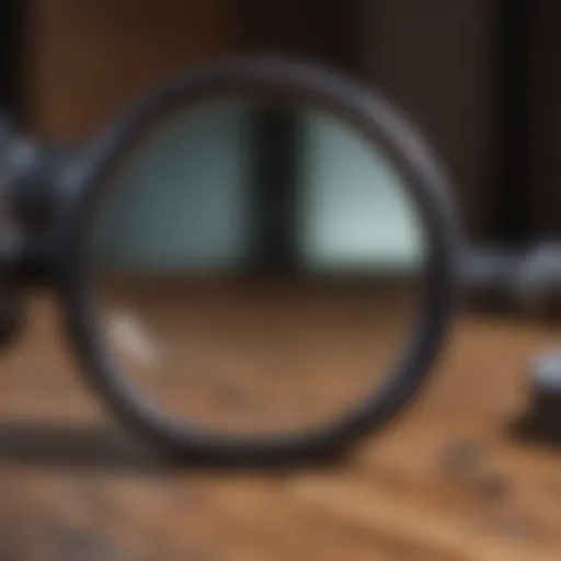 Detailed view of a loupe magnifying glass on a wooden surface