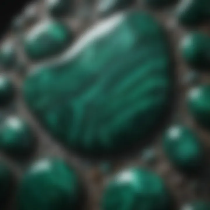 Close-up of polished malachite showcasing its vibrant green hues and intricate patterns