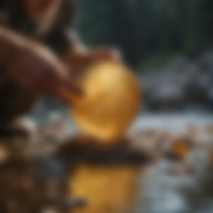 A close-up of the gold panning technique being executed in a clear stream