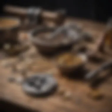 An assortment of essential gold panning tools displayed on a wooden surface