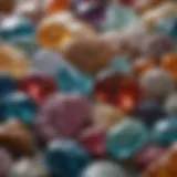 A close-up view of various natural gemstones showcasing their unique colors and textures