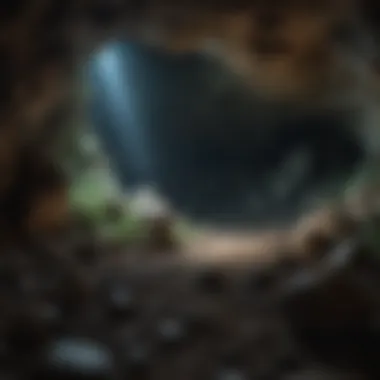 Natural setting of phosphorescent rocks in a cave