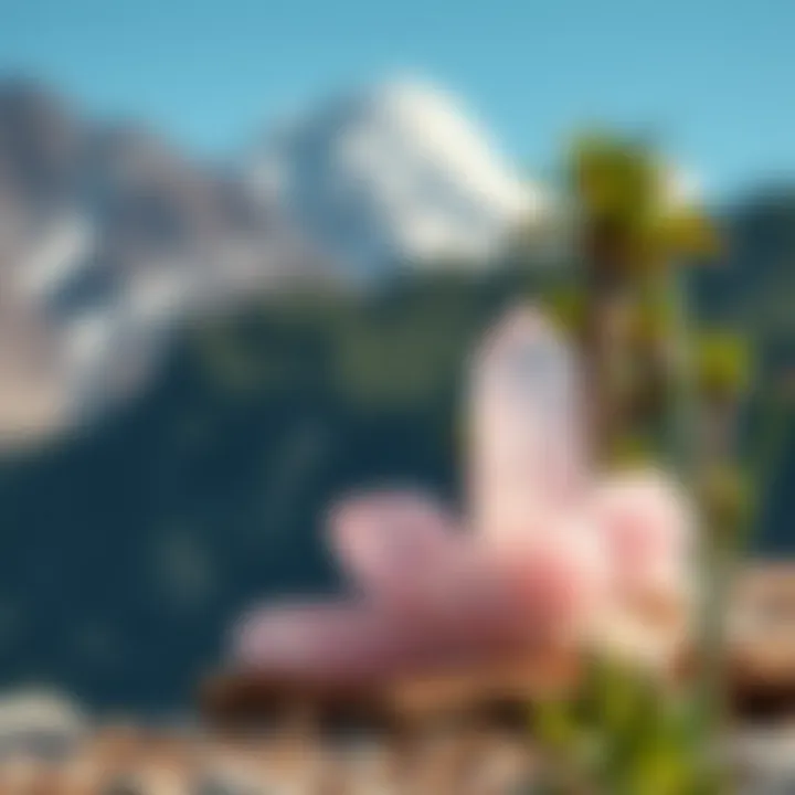 An artistic representation of pink quartz crystal set against a serene natural backdrop, symbolizing tranquility.