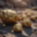 Golden nuggets resting on a rocky surface