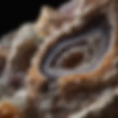 A close-up view of the mineral composition within a quartz geode