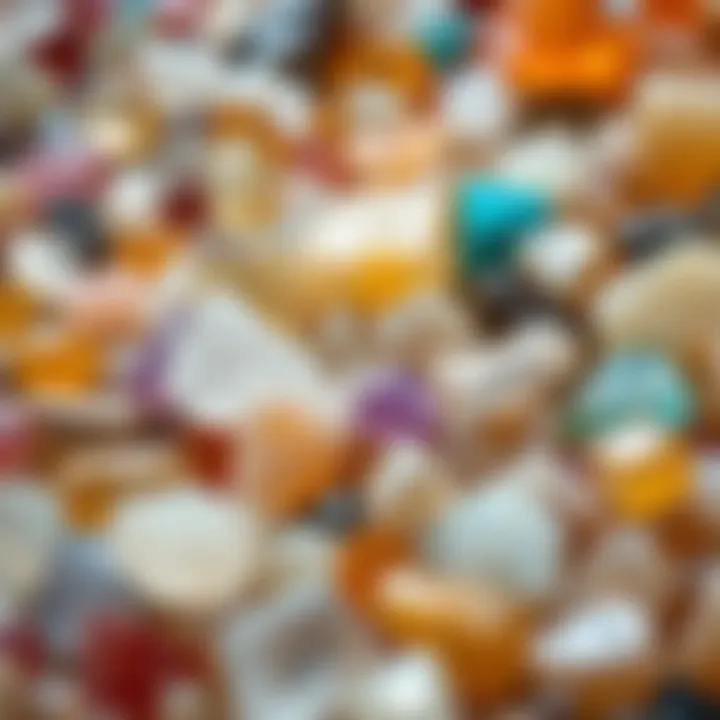 A display of quartz granules in various colors and sizes, highlighting their diversity