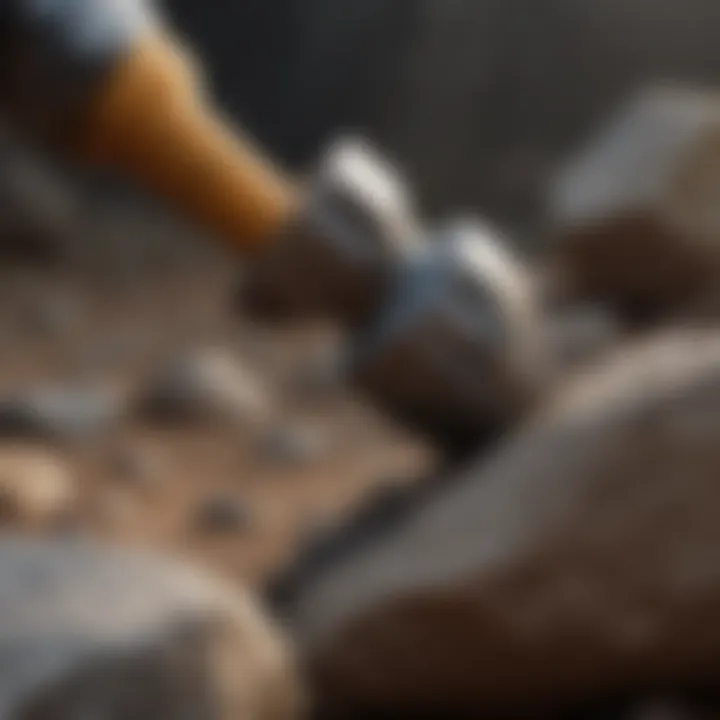 A close-up of a rock hammer striking a rock at a collection site