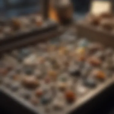 Collection of gems and fossils neatly arranged in a display case