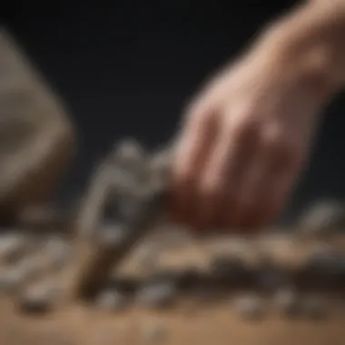 A person using a geological pick to extract a fossil