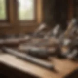 Variety of rock picking tools displayed on a wooden table