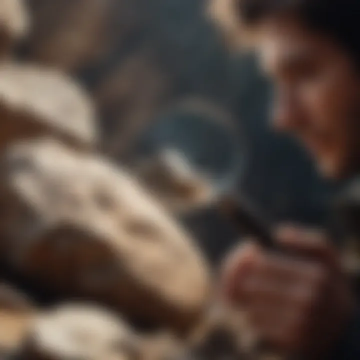 Close-up of a person examining a rock specimen with a magnifying glass