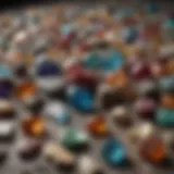 A variety of rough gemstones displayed on a natural stone surface