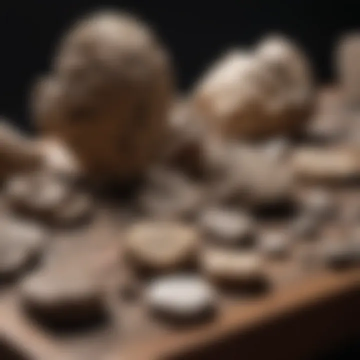 Close-up of fossil specimens displayed on a collector's table