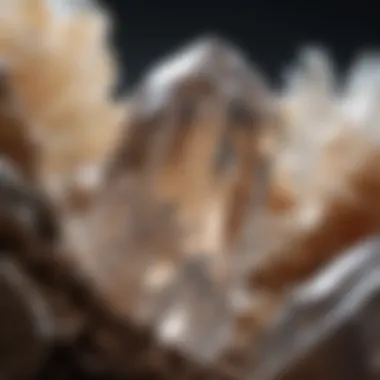 A close-up view of a glittering quartz crystal with light reflecting off its facets