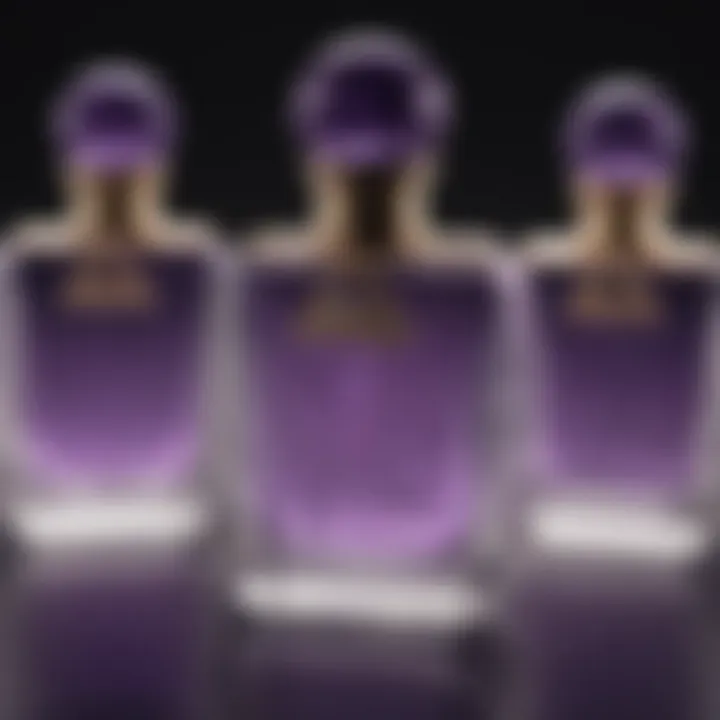 A collection of various amethyst perfume bottles displayed elegantly