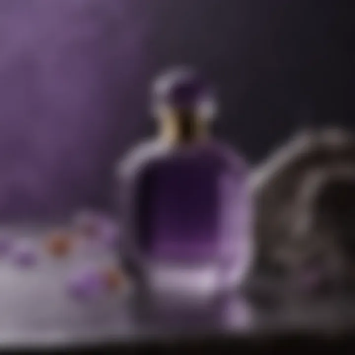 An amethyst perfume bottle set against a luxurious backdrop