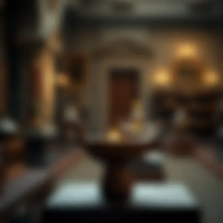 Ancient Museum Clay Lamp An ancient clay oil lamp showcased in a museum setting