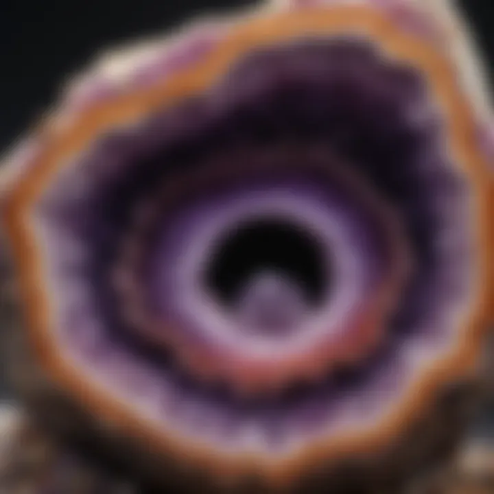 Cross-section of an amethyst geode revealing geological layers