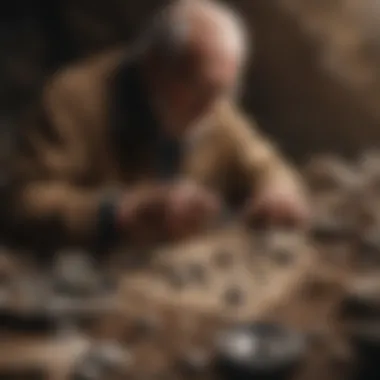 An experienced collector examining a specimen with magnifying tools in a natural setting