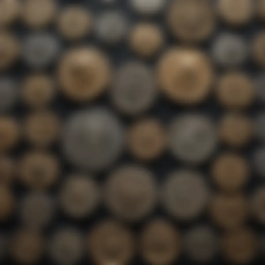 An assortment of ancient imperial coins displayed on a velvet background