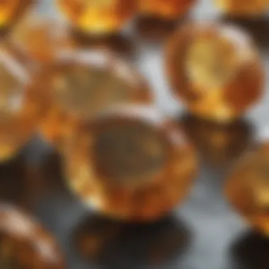 A close-up view of citrine gemstones, emphasizing their clarity and brilliance.