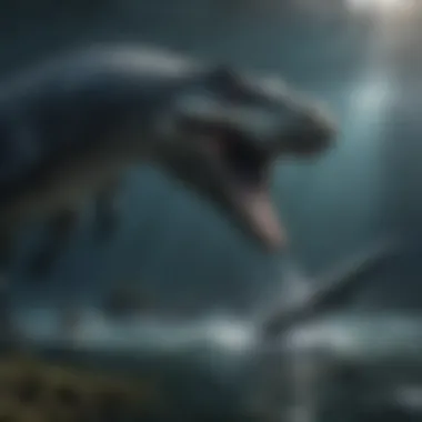 An artistic rendering of the Mosasaurus hunting its prey in the depths of the ocean