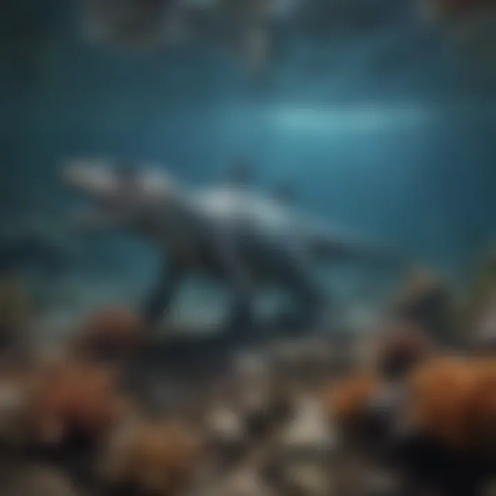 A depiction of the Mosasaurus in its natural habitat, swimming among other marine creatures