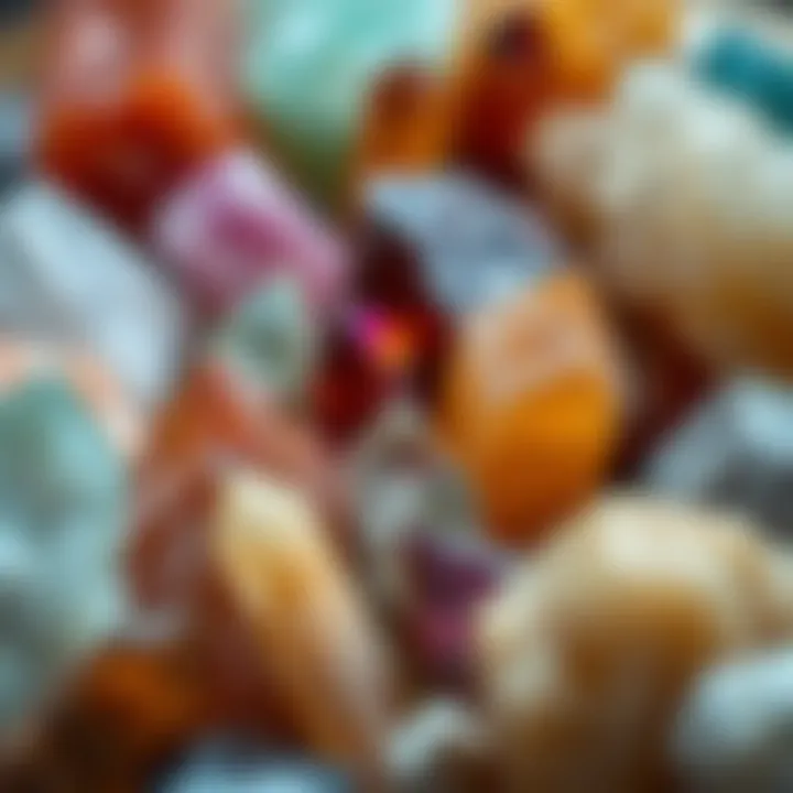 A close-up view of various crystals with distinct colors and textures