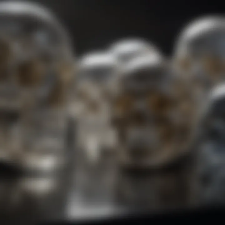 Various crystal skulls displayed in a serene environment