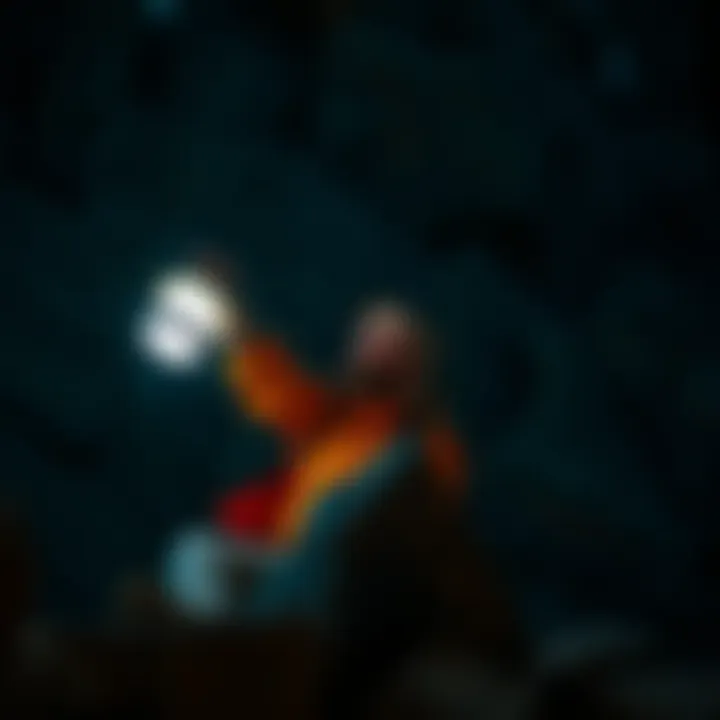 Geologist using blacklight to examine rock formations
