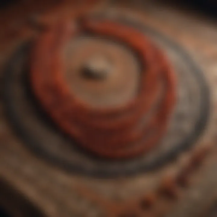 An intricate display of traditional mala beads arranged on a meditation mat.