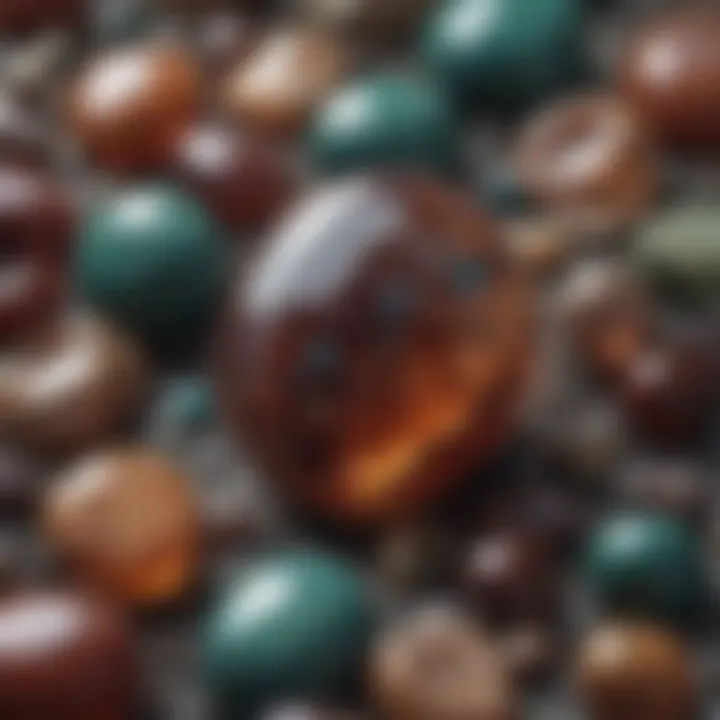 Close-up view of a tumbled gemstone revealing intricate patterns and natural variations.