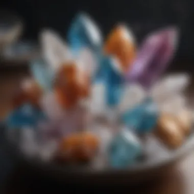 An arrangement of different types of crystals alongside a charging bowl, showcasing their energy connection.