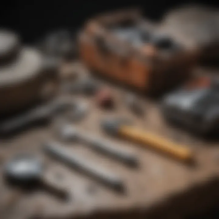 Essential maintenance tools laid out next to a rock picker, emphasizing care and upkeep